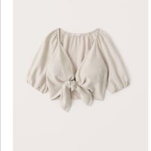 Abercrombie & Fitch Cropped Tie-Front Linen Blend Top, cream color  XS